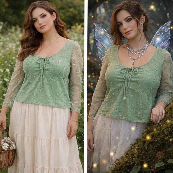 torrid Tops - Torrid Sage Green Lace Tie Front Top‎ Sz 1 Cottagecore Romantic Fairy Coquette